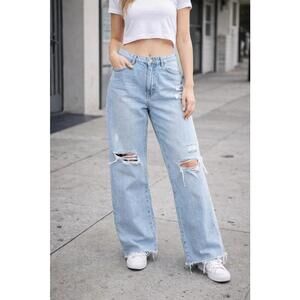 TGla Wide Leg Distressed Jeans 30 Light Wash Raw Hem Y2K Baggy Denim 30x28